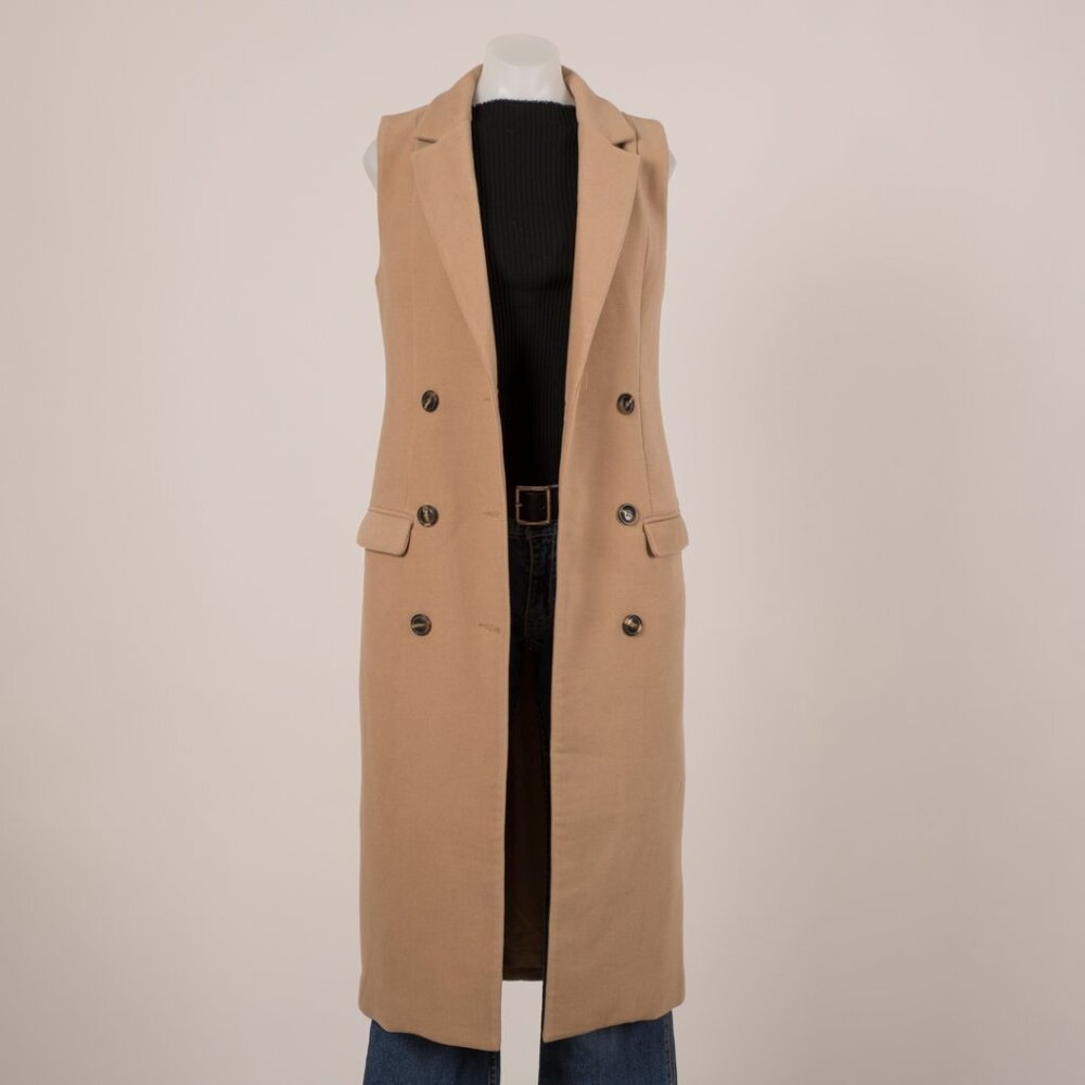 Missguided Camel Sleeveless Double-Breasted Longline Vest - Picture 2 of 5
